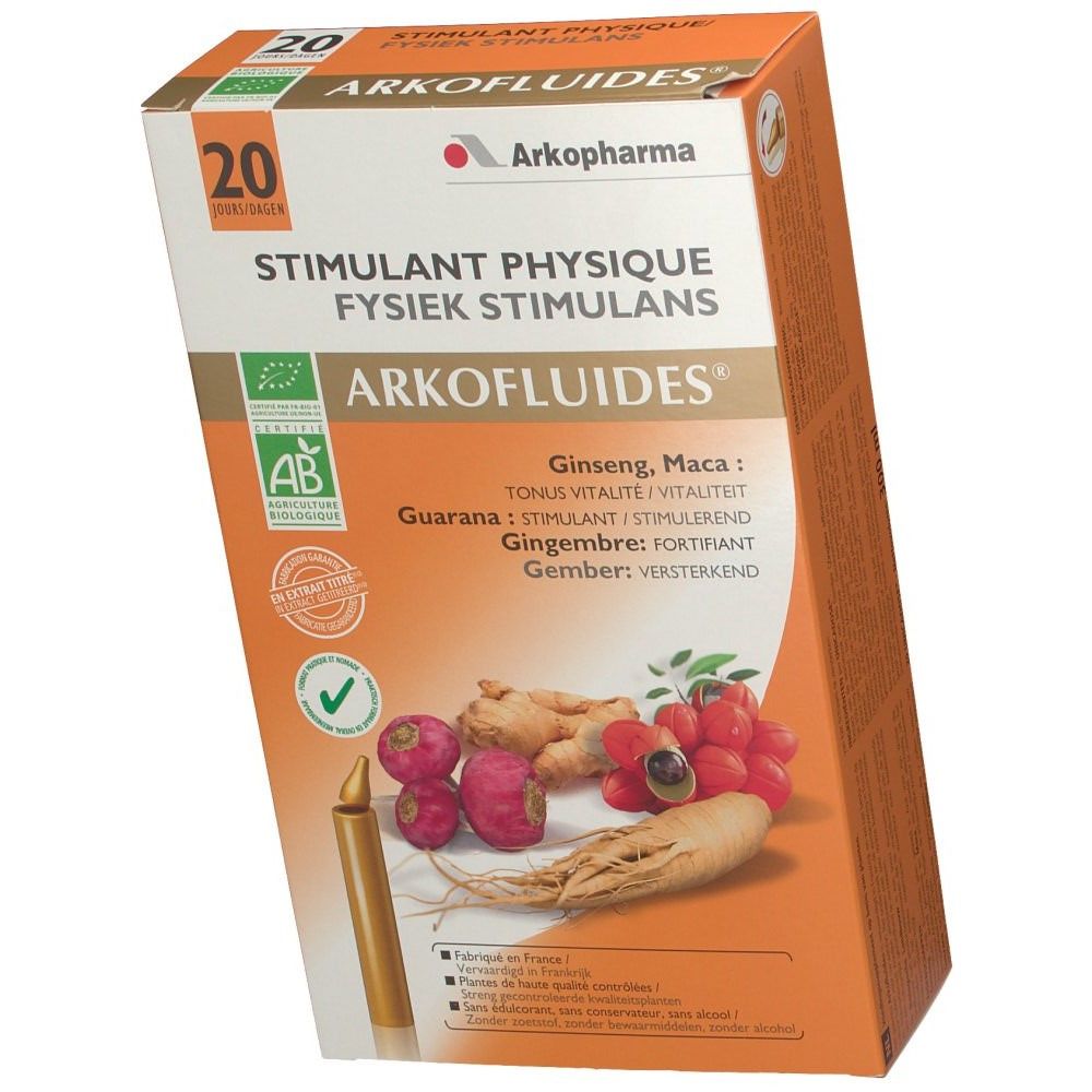 Productverpakking met productnaam en ingrediënten. Bio-keurmerk en 20 dosissen. Ginseng, Maca, Guarana en Gember afgebeeld.
