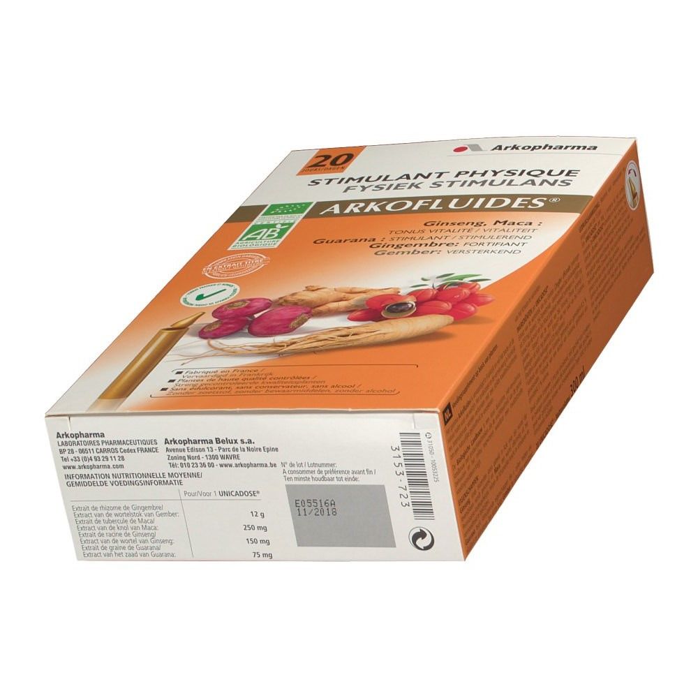 Productverpakking, achterkant. Opdruk: productnaam, ingrediënten, voedingswaarde. 20 dosissen. Bio-keurmerk. Chargenummer.