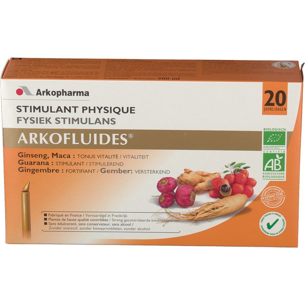 Productverpakking met productnaam en ingrediënten. Bio-keurmerk en 20 dosissen. Ginseng, Maca, Guarana en Gember afgebeeld.