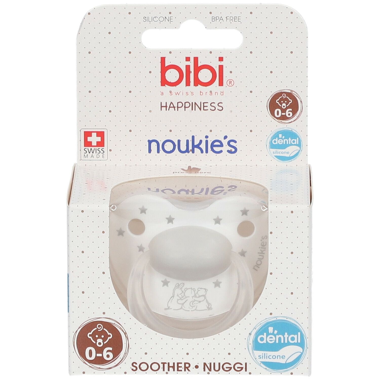 Sucette dans son emballage. Blanche avec étoiles et motif Noukie's. 0-6 mois. Marque: bibi® Happiness.