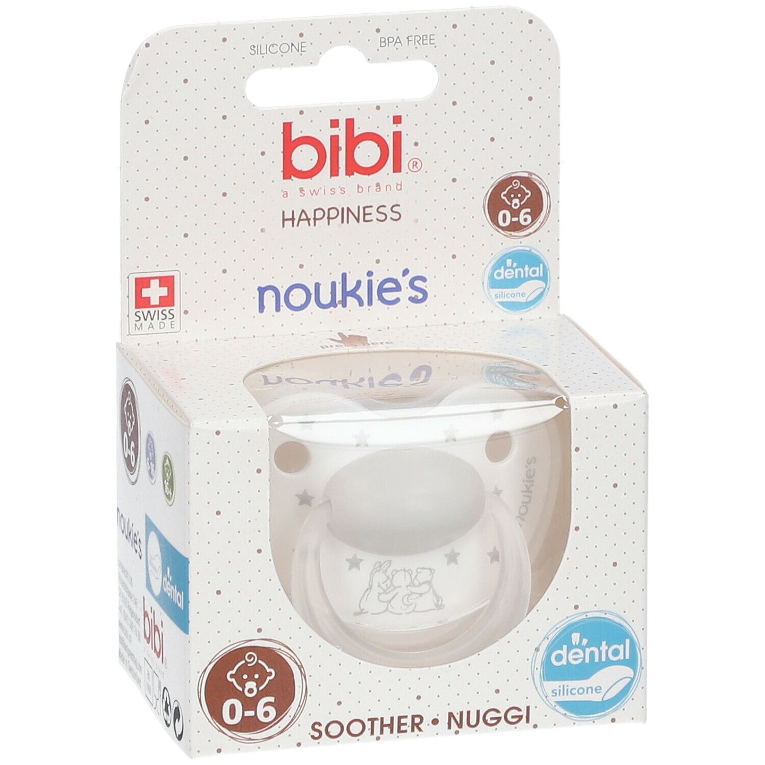 Sucette dans son emballage. Blanche avec étoiles et motif Noukie's. 0-6 mois. Marque: bibi® Happiness.