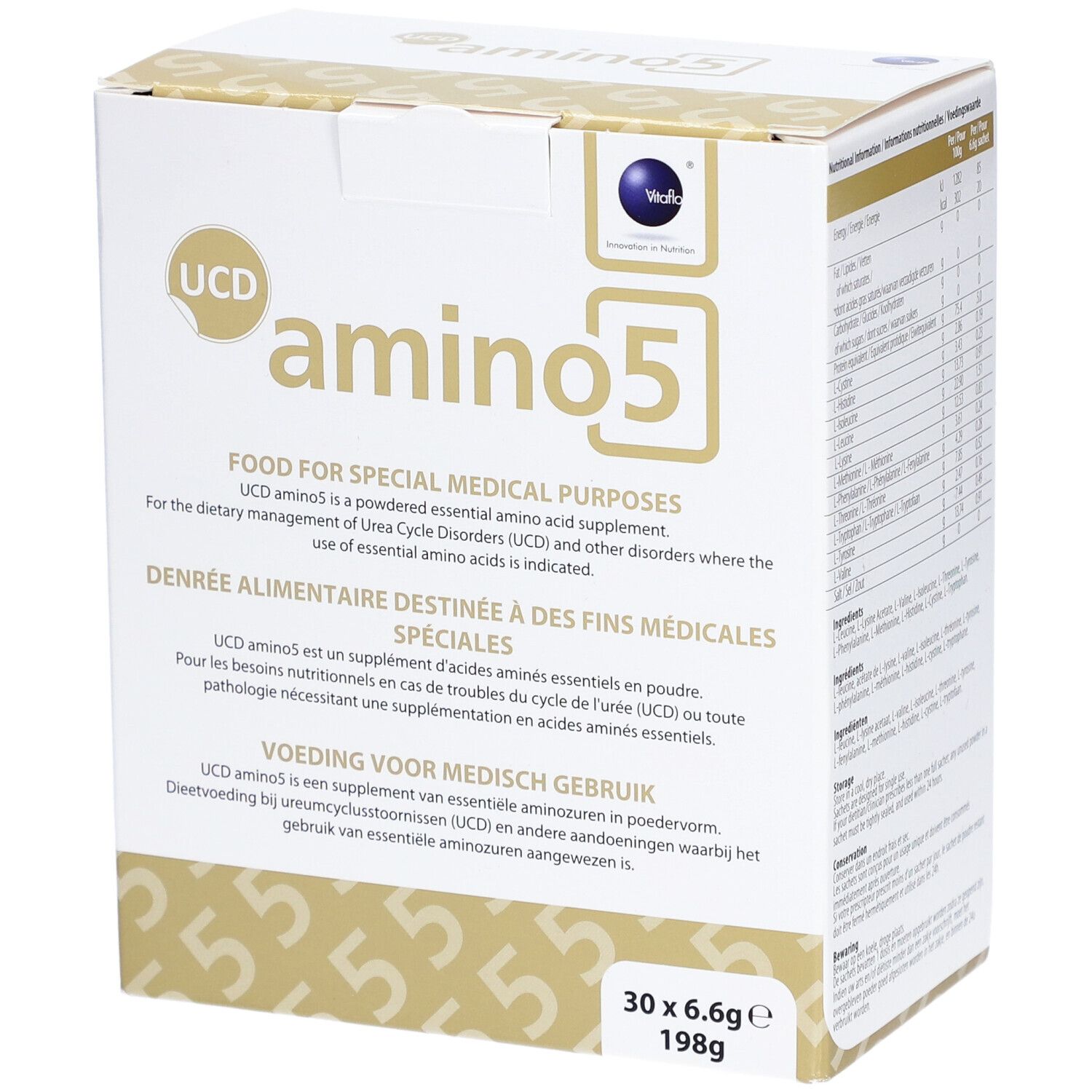 Weißer Karton mit "UCD amino5"-Logo. Text: "FOOD FOR SPECIAL MEDICAL PURPOSES". 30 x 6.6g, 198g.