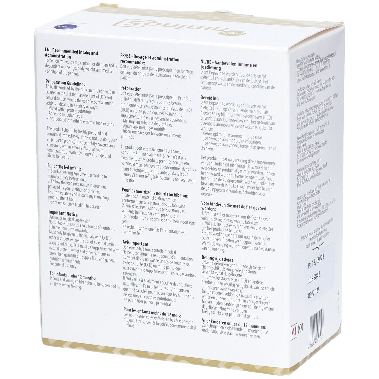 Seite der weißen Kartonverpackung. Text: Empfehlungen, Zubereitungshinweise, wichtige Hinweise.