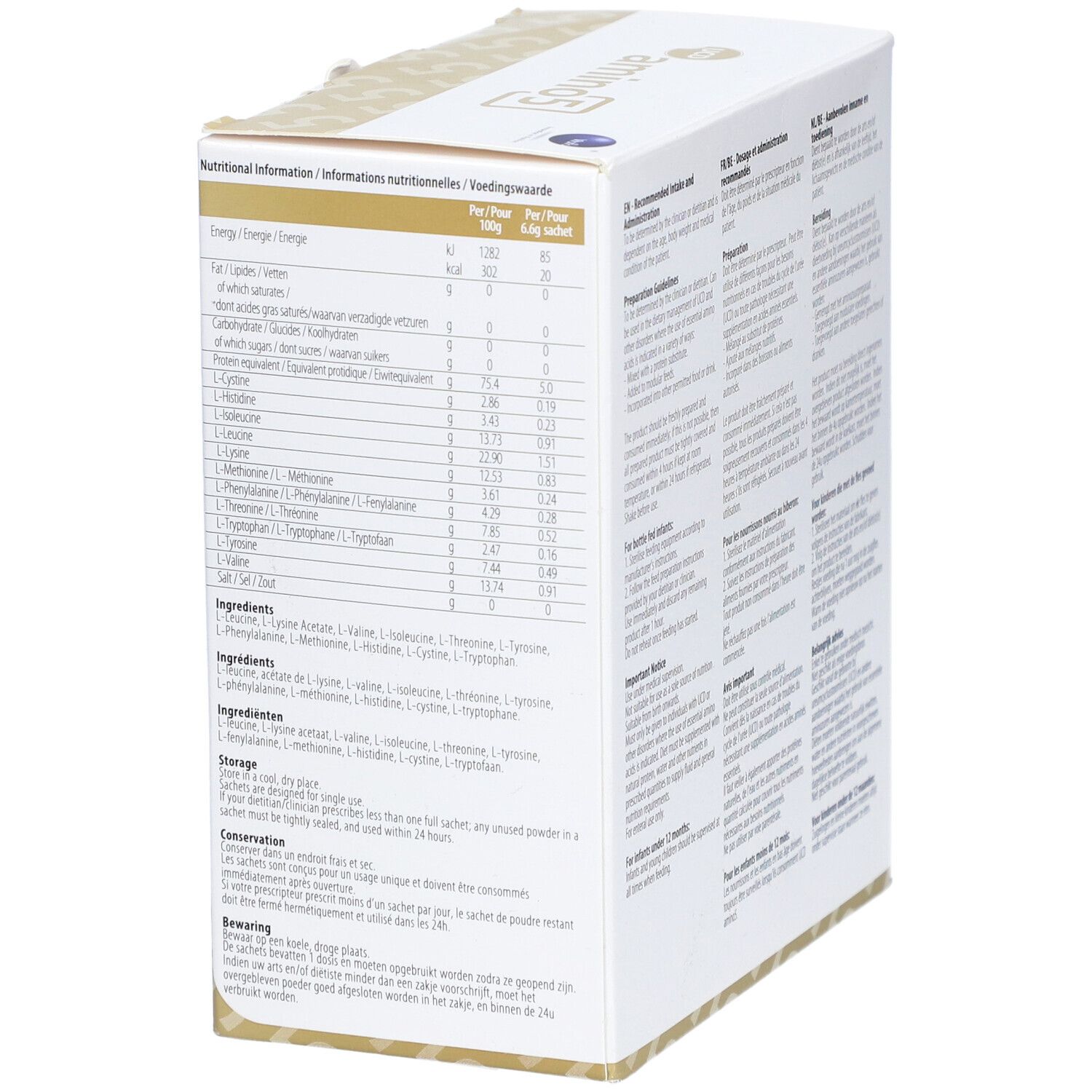 Seite der weißen Kartonverpackung. Text: Nährwertangaben, Zutaten, Lagerungshinweise.