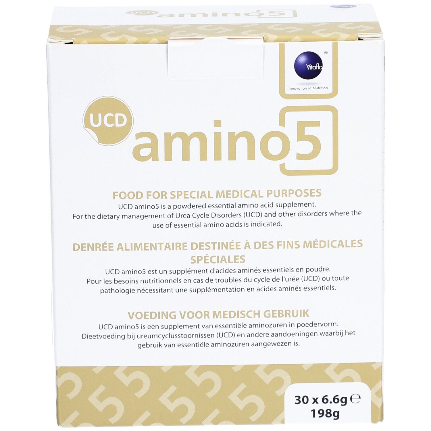 Vorderseite der weißen Kartonverpackung. Logo "UCD amino5". Text: "FOOD FOR SPECIAL MEDICAL PURPOSES". 30 x 6.6g, 198g.