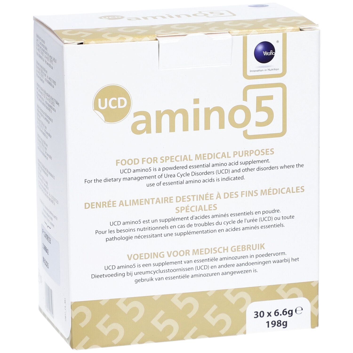 Vorderseite der weißen Kartonverpackung. Logo "UCD amino5". Text: "FOOD FOR SPECIAL MEDICAL PURPOSES". 30 x 6.6g, 198g.
