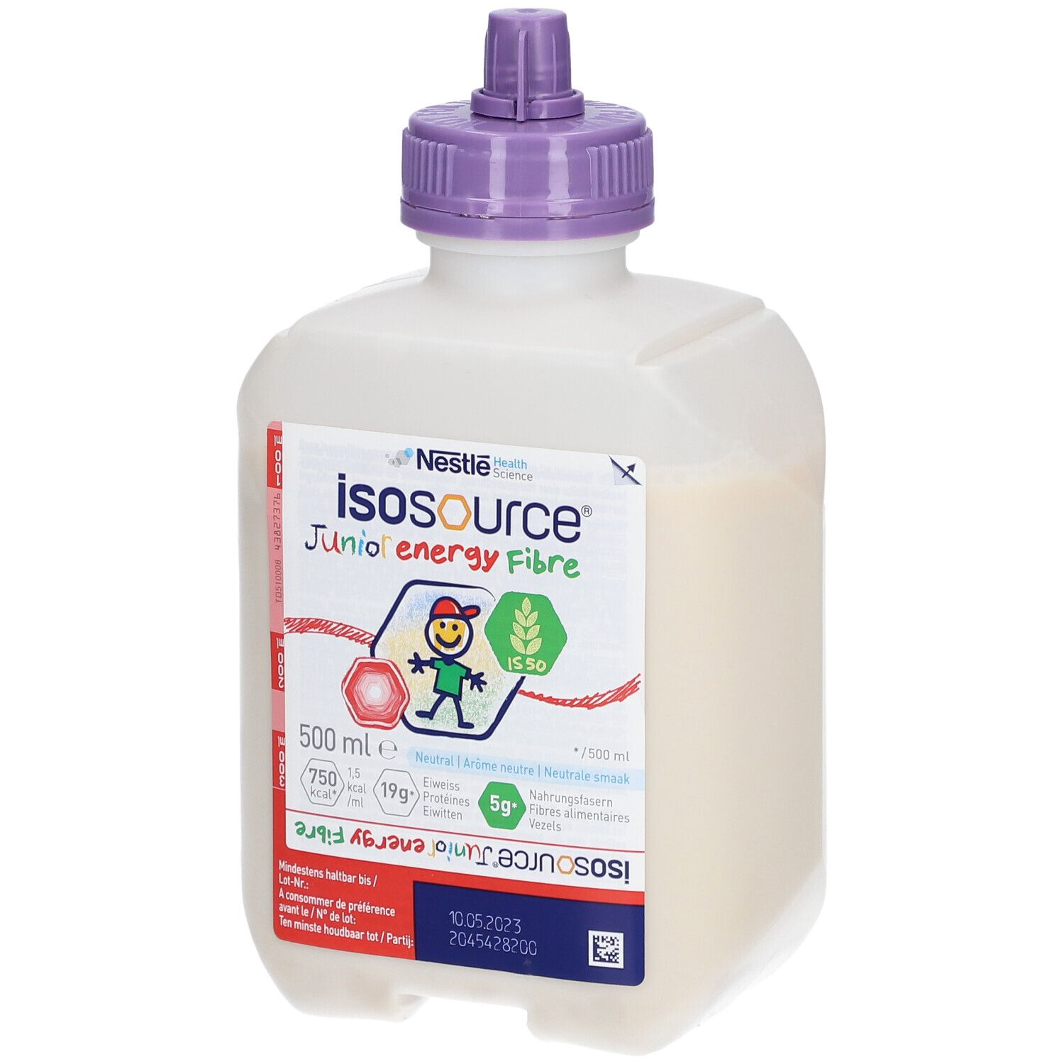 Fles Isosource Junior Energy Fibre. Witte vloeistof, paarse dop. Etiket met productinformatie.