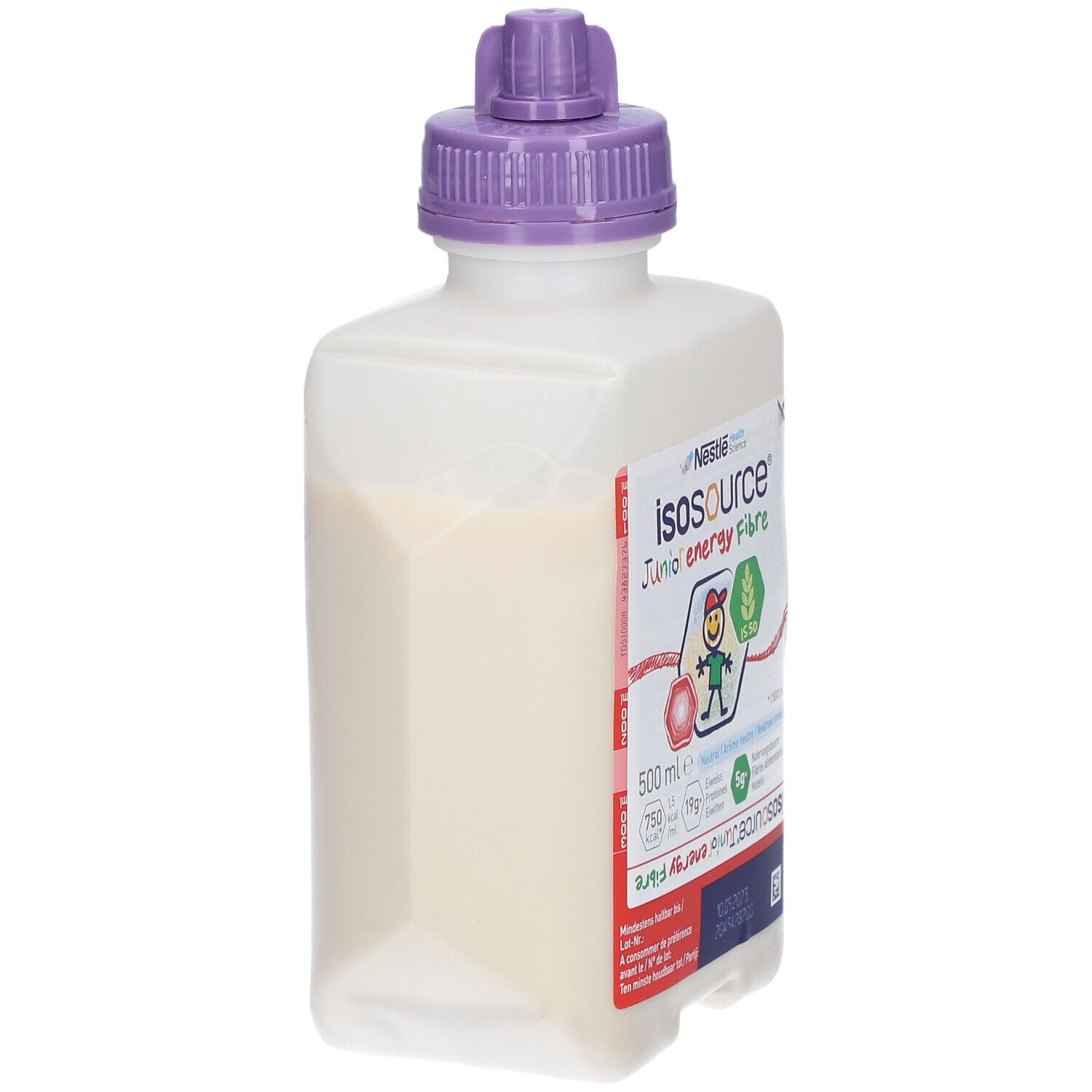 Fles Isosource Junior Energy Fibre. Witte vloeistof, paarse dop. Etiket met productinformatie.