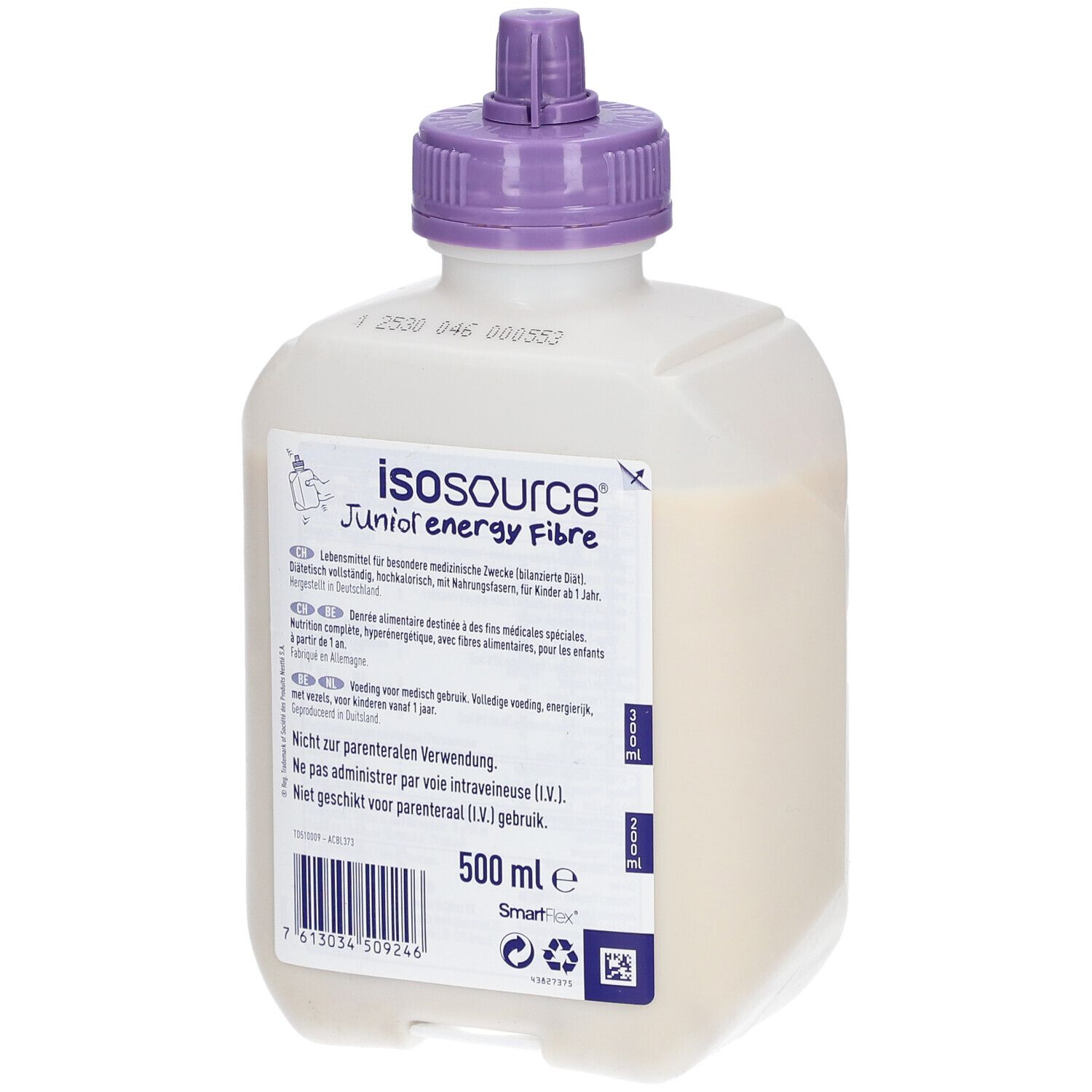Fles Isosource Junior Energy Fibre. Witte vloeistof, paarse dop. Etiket met productinformatie.