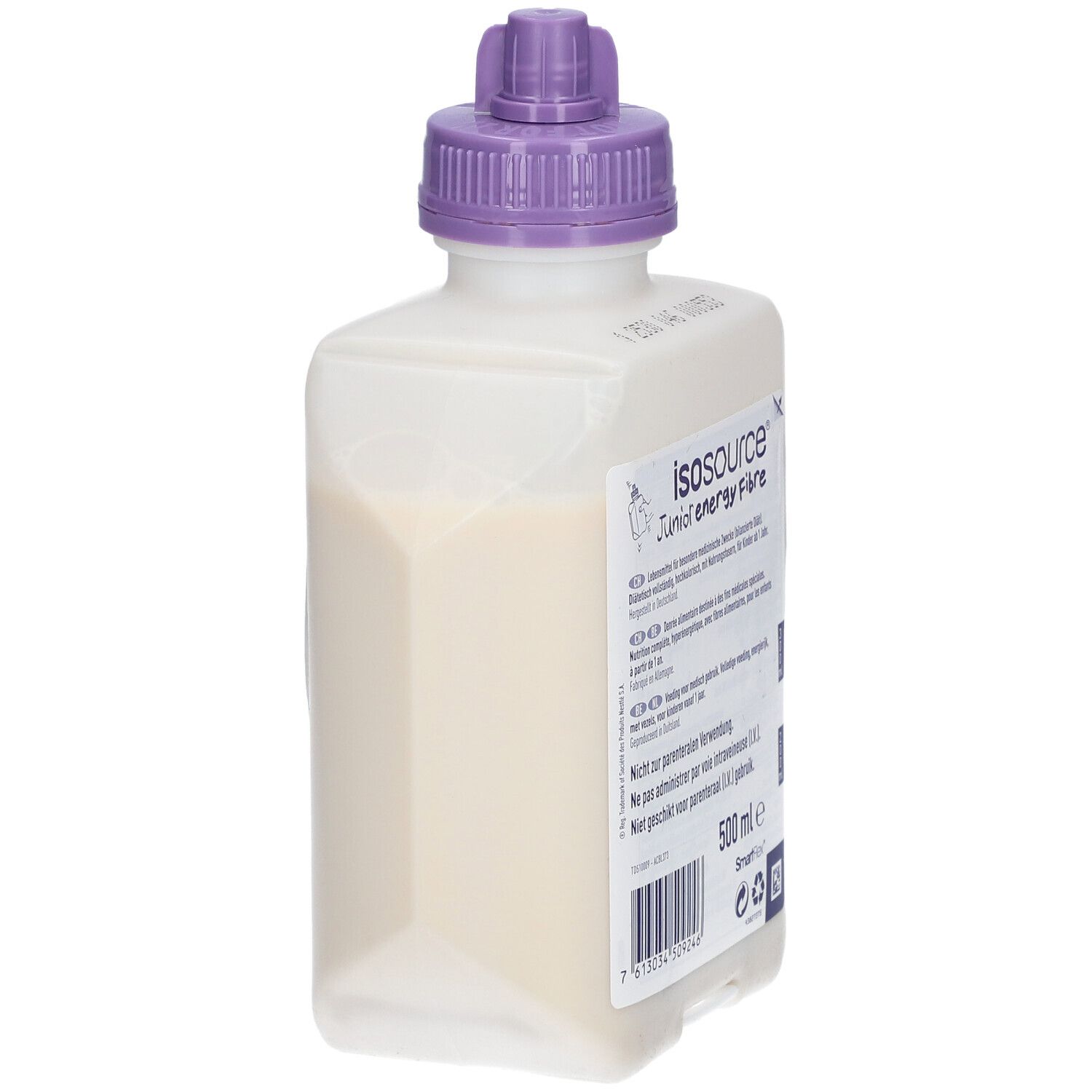 Fles Isosource Junior Energy Fibre. Witte vloeistof, paarse dop. Etiket met productinformatie.