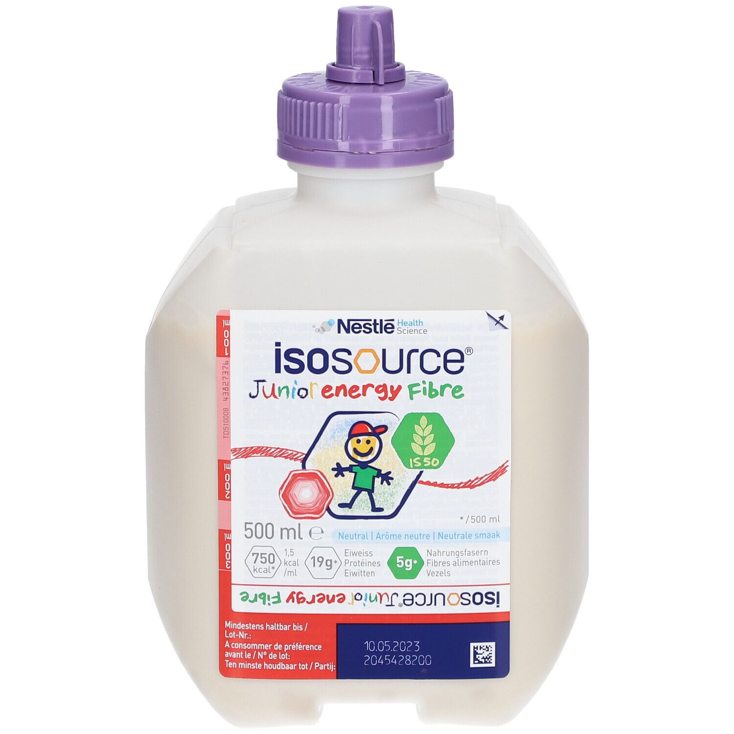 Fles Isosource Junior Energy Fibre. Witte vloeistof, paarse dop. Etiket met productinformatie.
