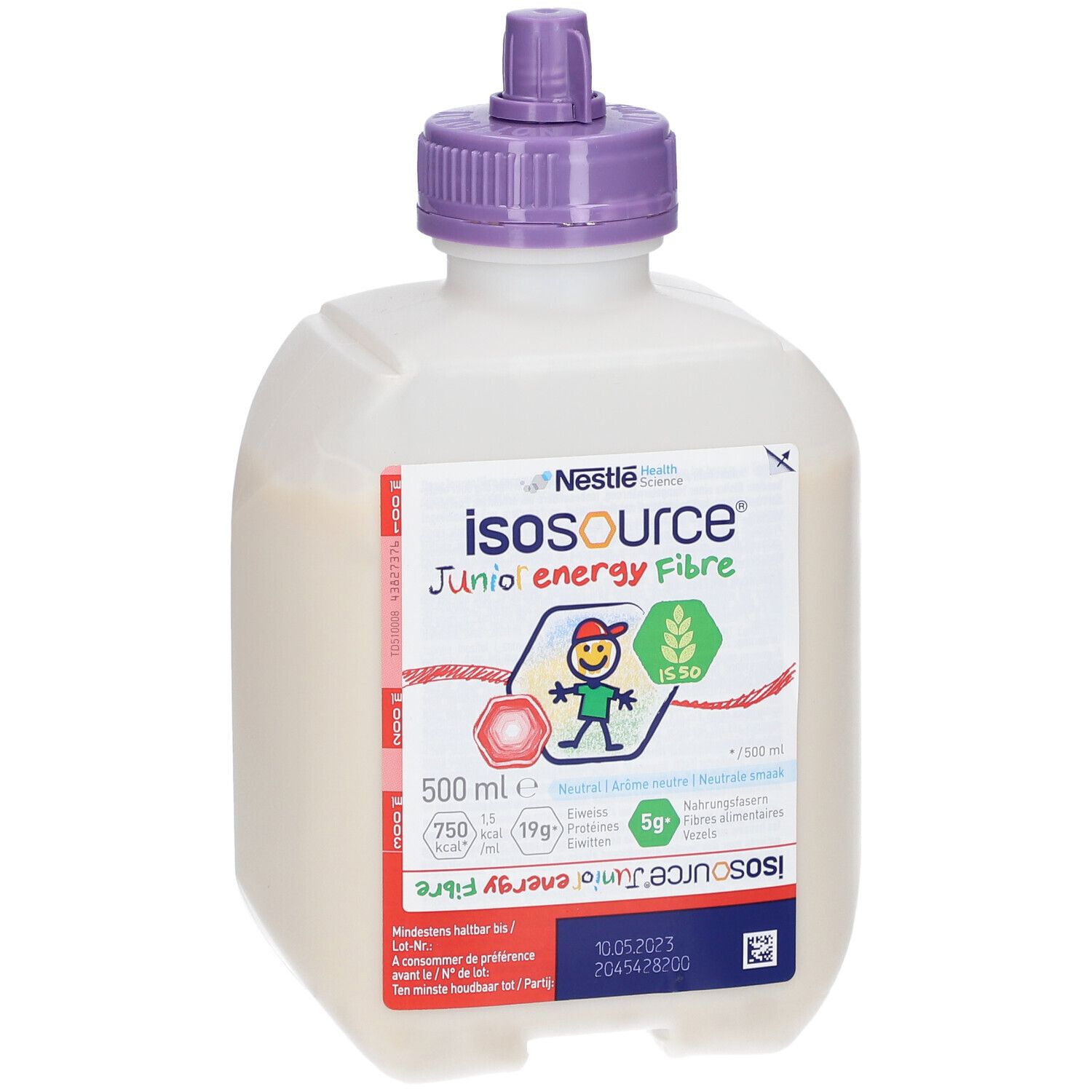 Fles Isosource Junior Energy Fibre. Witte vloeistof, paarse dop. Etiket met productinformatie.