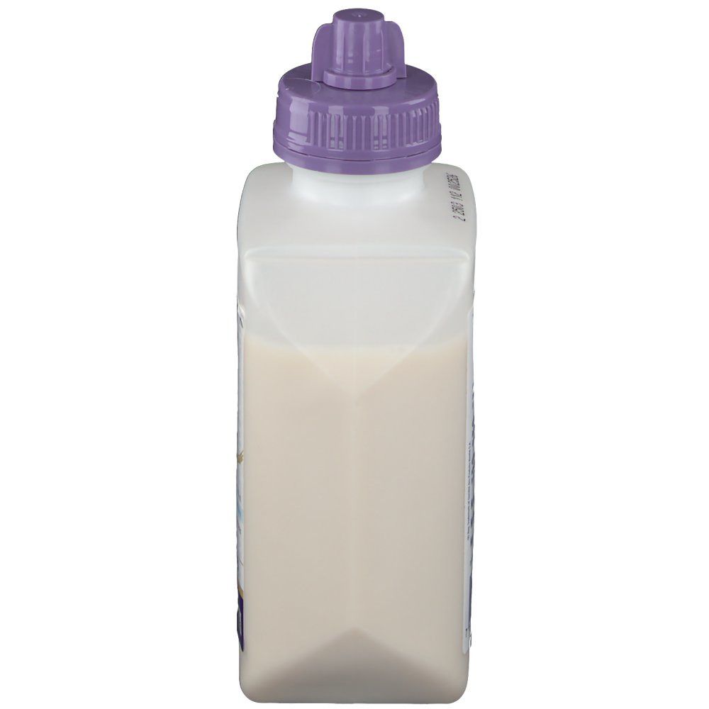 Bouteille Isosource Junior Fibre, vue latérale. Récipient blanc avec bouchon violet. Liquide visible.
