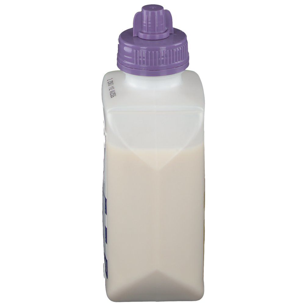 Bouteille Isosource Junior Fibre, vue latérale. Récipient blanc avec bouchon violet. Liquide visible.
