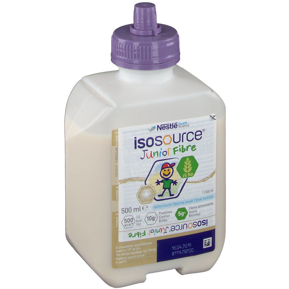 Bouteille Isosource Junior Fibre avec bouchon violet. Inscription : 500 ml, 5g fibres. Logo enfant et épi de blé.