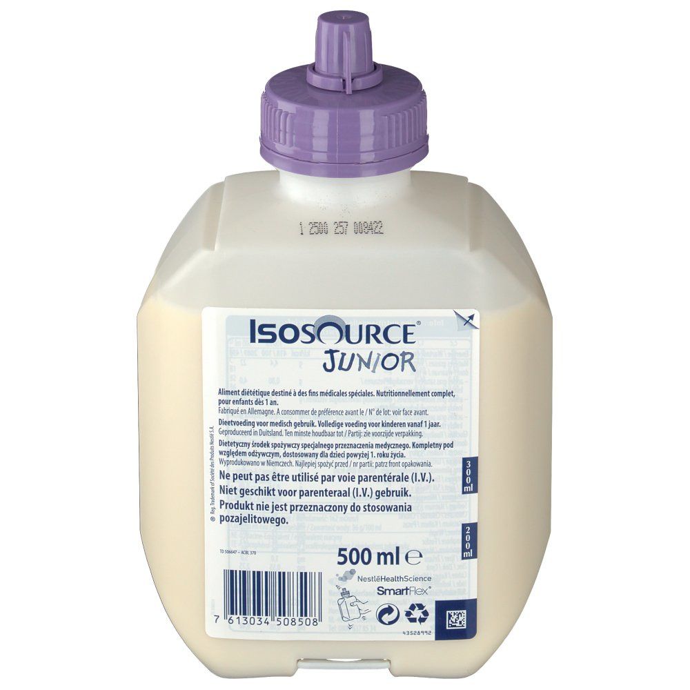 Dos de la bouteille Isosource Junior. Texte: 500 ml, informations nutritionnelles, fabricant. Bouchon violet.