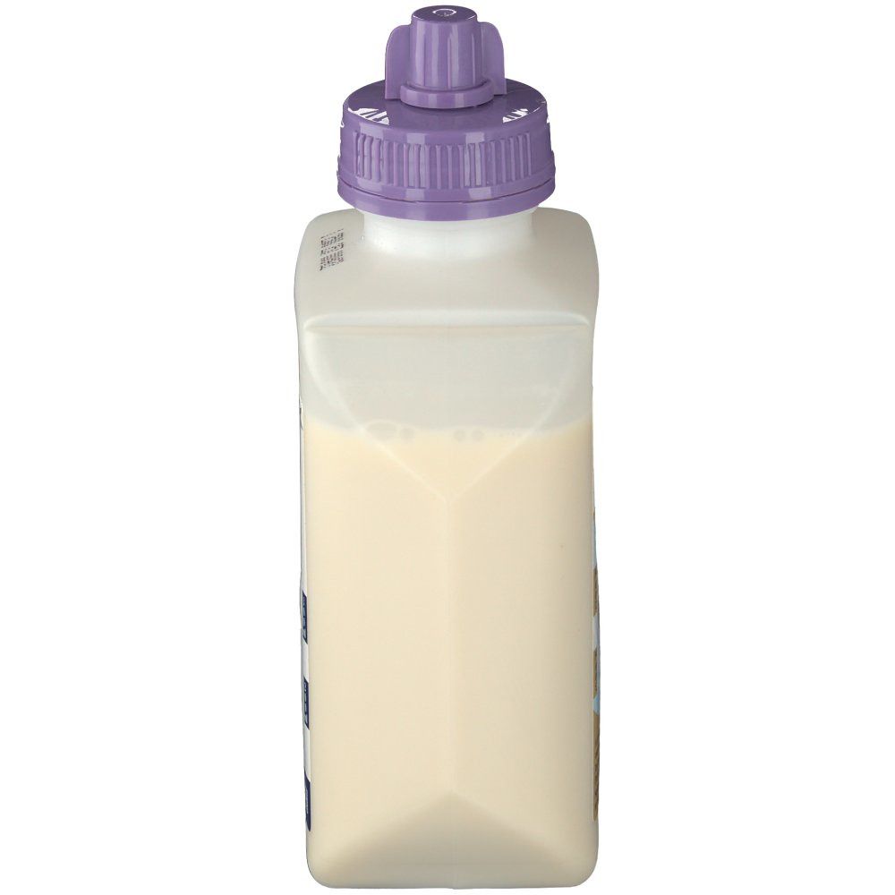Bouteille Isosource Junior, vue latérale. Récipient blanc, bouchon violet. Liquide visible.