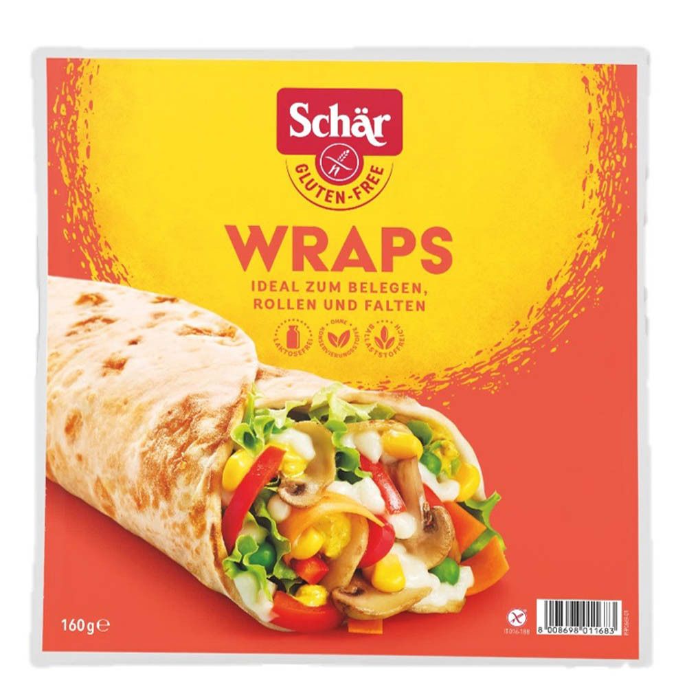 Emballage de wraps Schär sans gluten. Un wrap est rempli et roulé. Le logo et le mot 'Wraps' sont visibles.