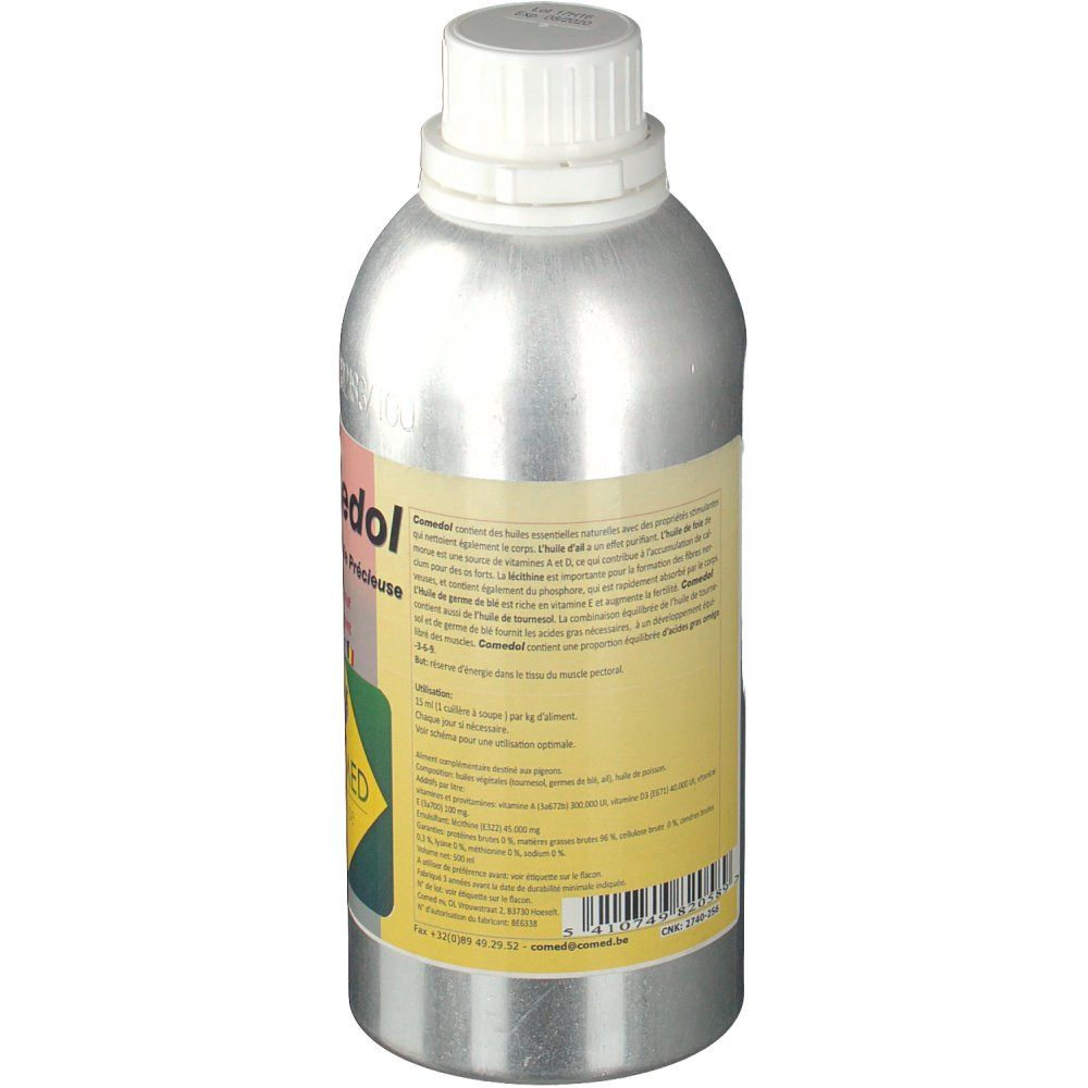 Vue arrière d'un flacon argenté avec bouchon blanc. Étiquette jaune avec texte. Informations sur le produit et ingrédients.