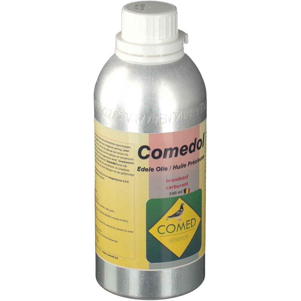 Flacon argenté avec bouchon blanc. Étiquette "Comedol", "Edle Olie / Huile Précieuse", logo et texte. 100 ml.