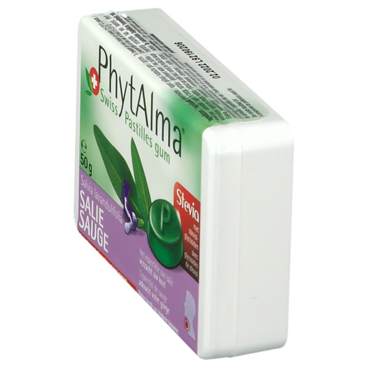 Vue en biais de l'emballage PhytAlma Swiss Pastilles gum. Bloc blanc avec informations produit et pastille verte.