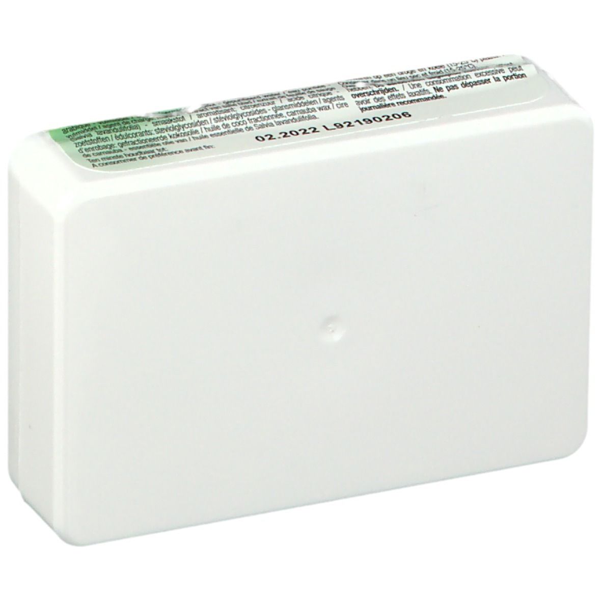 Dos de l'emballage PhytAlma Swiss Pastilles gum. Bloc blanc avec texte et date.