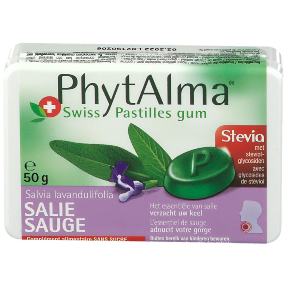 Emballage PhytAlma Swiss Pastilles gum. Boîte verte et blanche avec nom du produit, illustration de sauge et pastille.