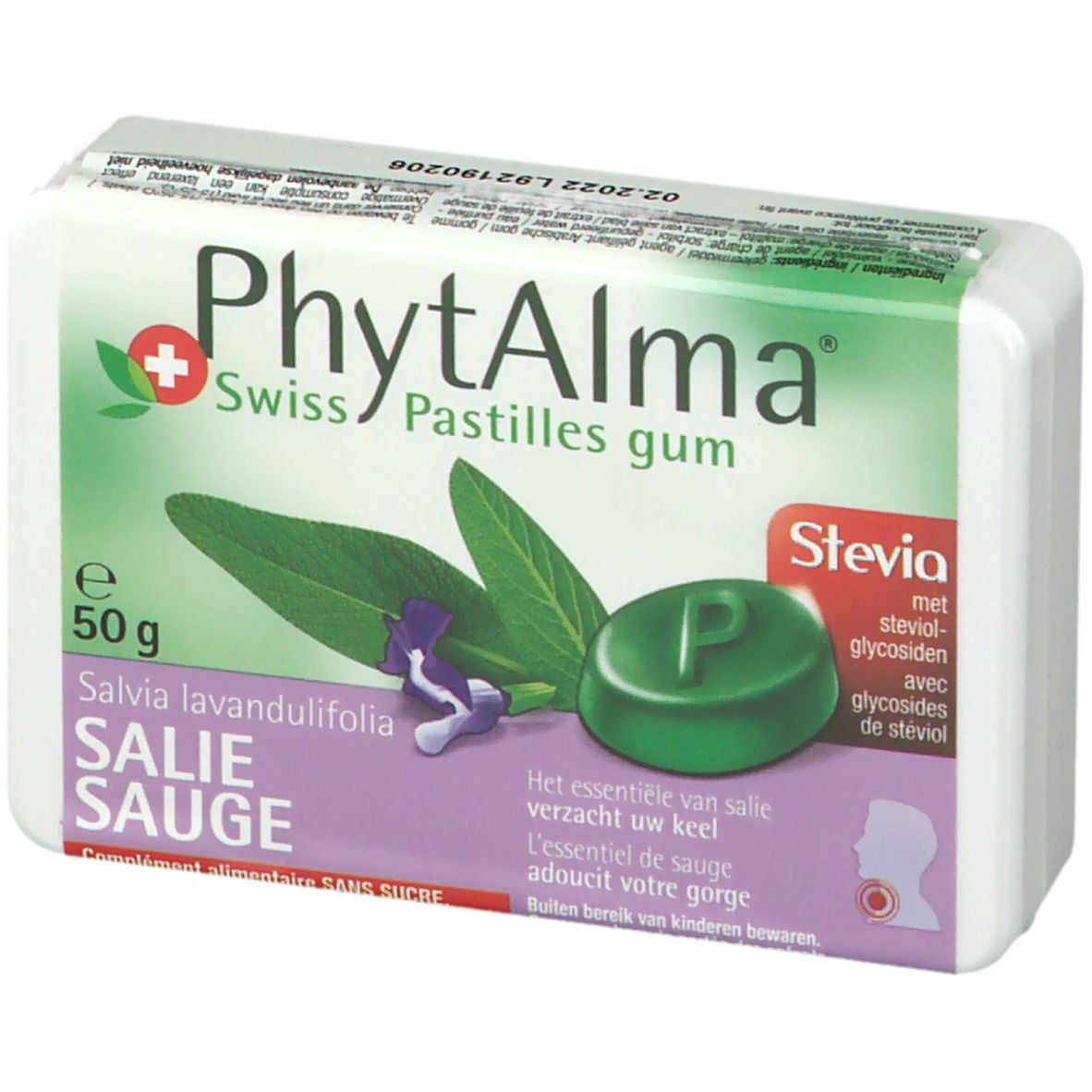 Emballage PhytAlma Swiss Pastilles gum. Boîte verte et blanche avec nom du produit, illustration de sauge et pastille.