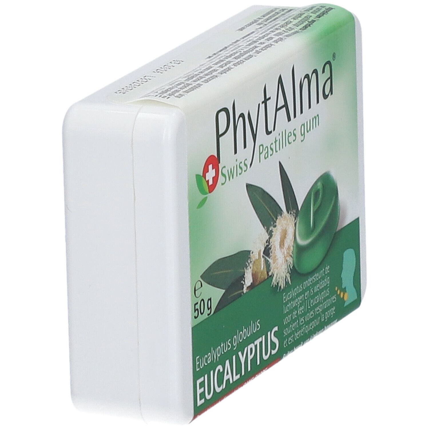 Boîte avec impression du produit, vue en biais. Étiquette verte et blanche avec nom du produit et illustration d'eucalyptus. Une pastille verte.