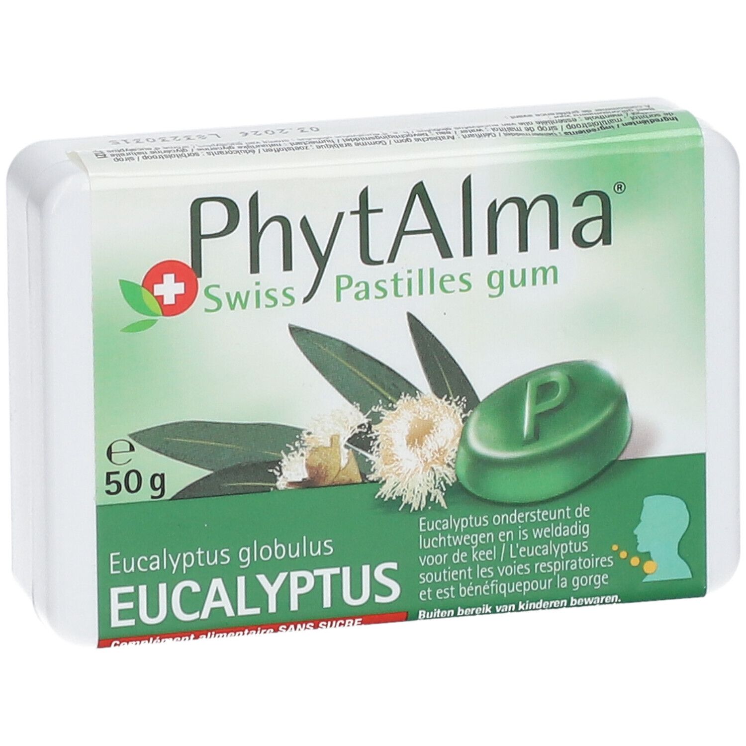 Boîte blanche avec impression du produit. Étiquette verte et blanche avec nom du produit et illustration d'eucalyptus. Une pastille verte est visible.
