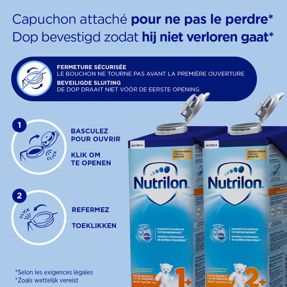 Gros plan sur deux briques de lait avec couvercles ouverts. Instructions d'ouverture et de fermeture.