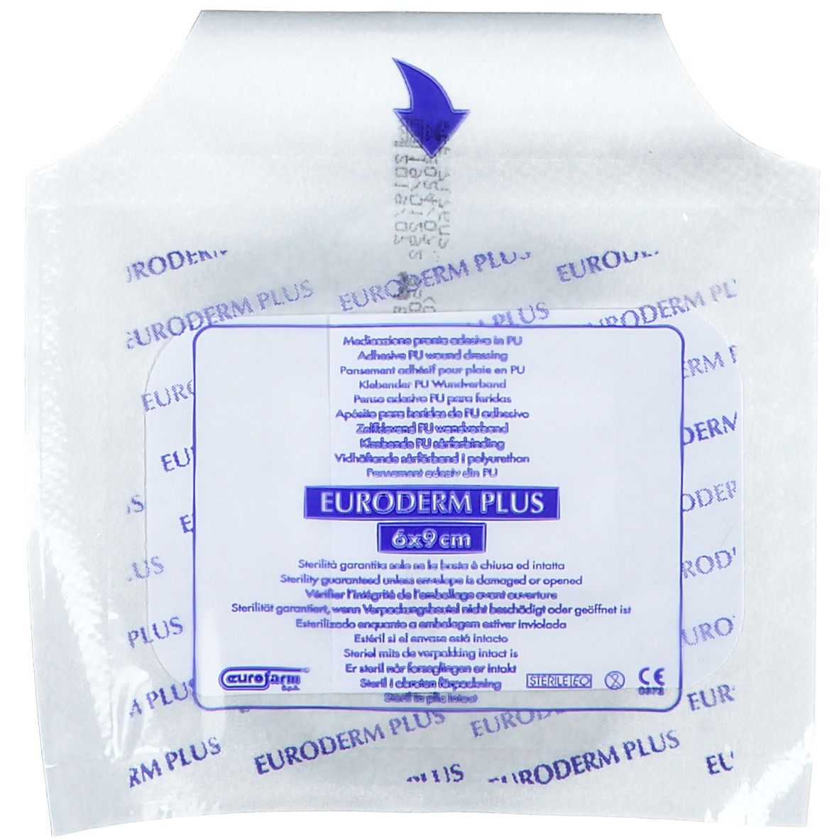 Verpackung Euroderm Plus 6x9 cm. Aufdruck mit Produktname, Größe und Anwendungsangaben. Transparente Verpackung mit Aufreißlasche.