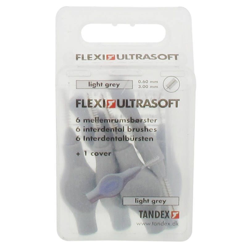 Verpackung mit 6 Interdentalbürsten, hellgrau. Marke FLEXI ULTRASOFT, 0,60 mm x 3 mm. Mit Deckel. Von Tandex.