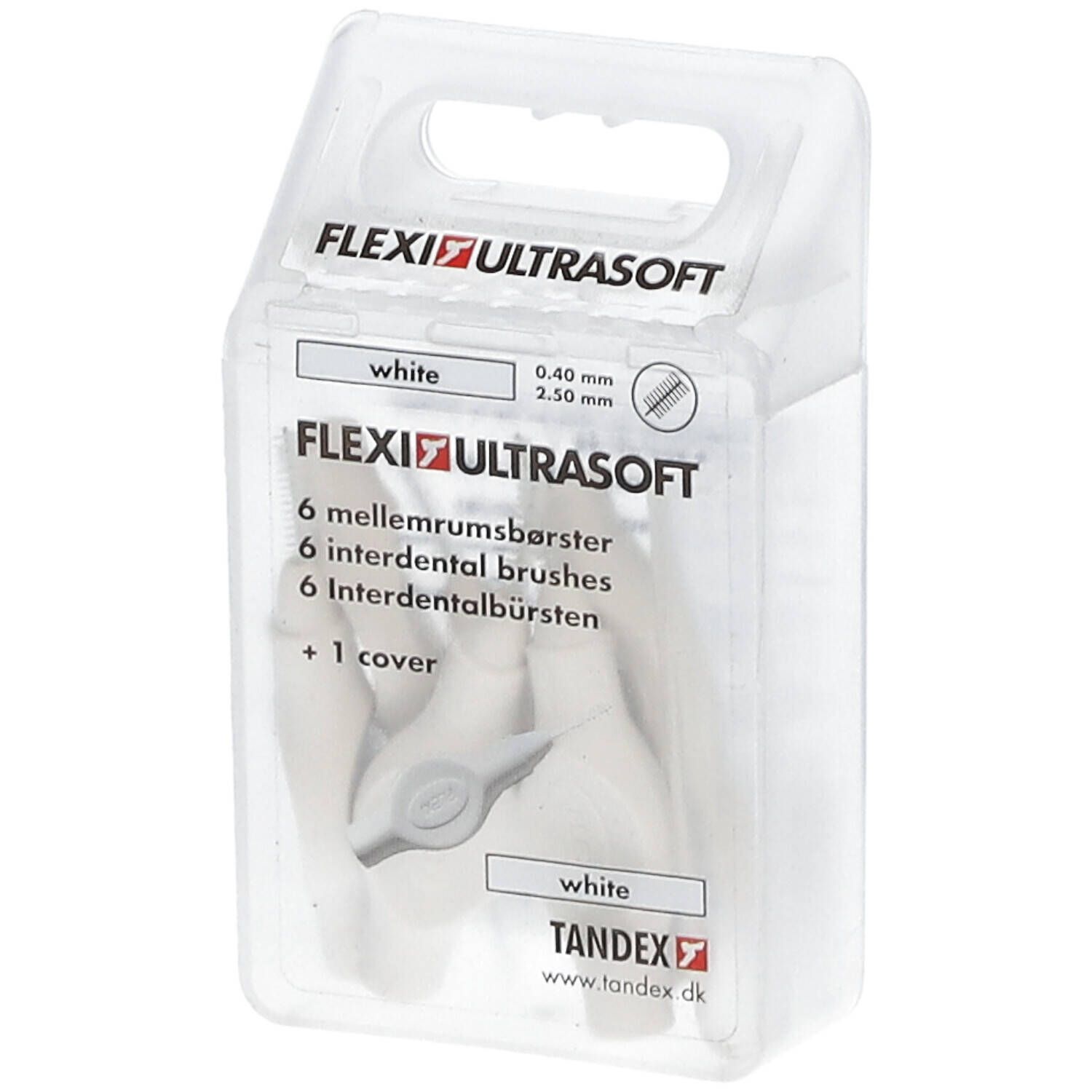 Verpackung mit Flexi Ultrasoft Interdentalbürsten. Sechs Bürsten, weiß, 0,40 mm. Marke Tandex.