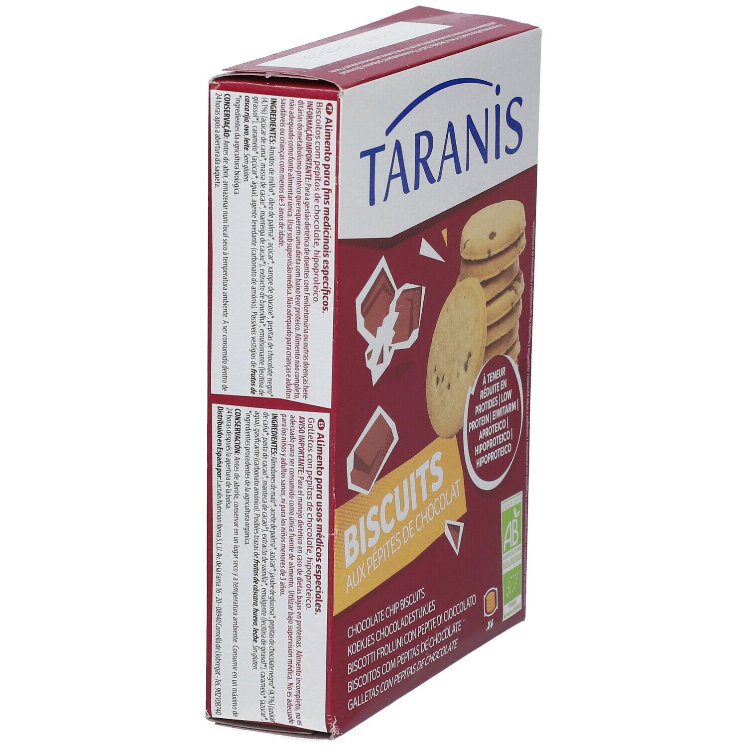Boîte de biscuits Taranis aux pépites de chocolat. Logo AB. Texte: Biscuits aux pépites de chocolat.