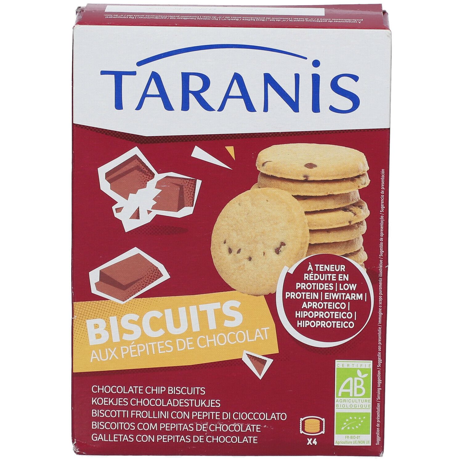 Boîte de biscuits Taranis aux pépites de chocolat. Logo AB. Texte: Biscuits aux pépites de chocolat.
