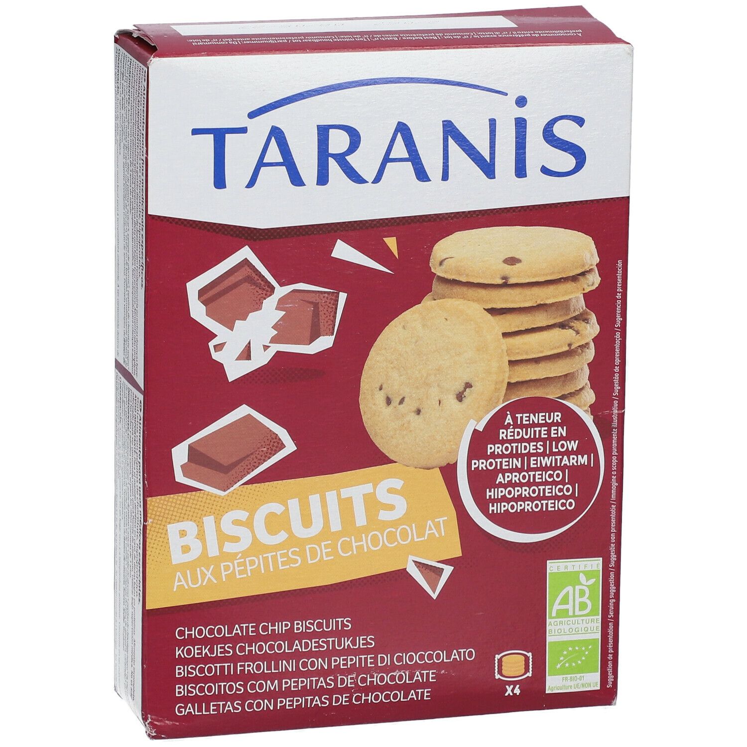 Boîte de biscuits Taranis aux pépites de chocolat. Logo AB. Texte: Biscuits aux pépites de chocolat.