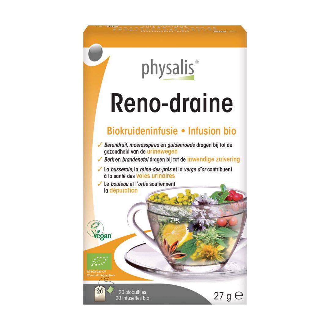 Boîte Reno-draine. Infusion bio. 20 sachets. Ingrédients végétaux. Label Vegan.