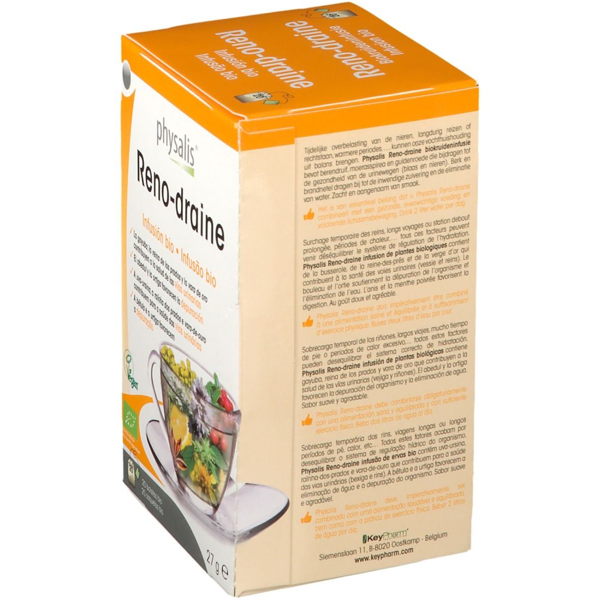 Boîte Reno-draine. Infusion bio. Ingrédients végétaux. Label Vegan. Informations.