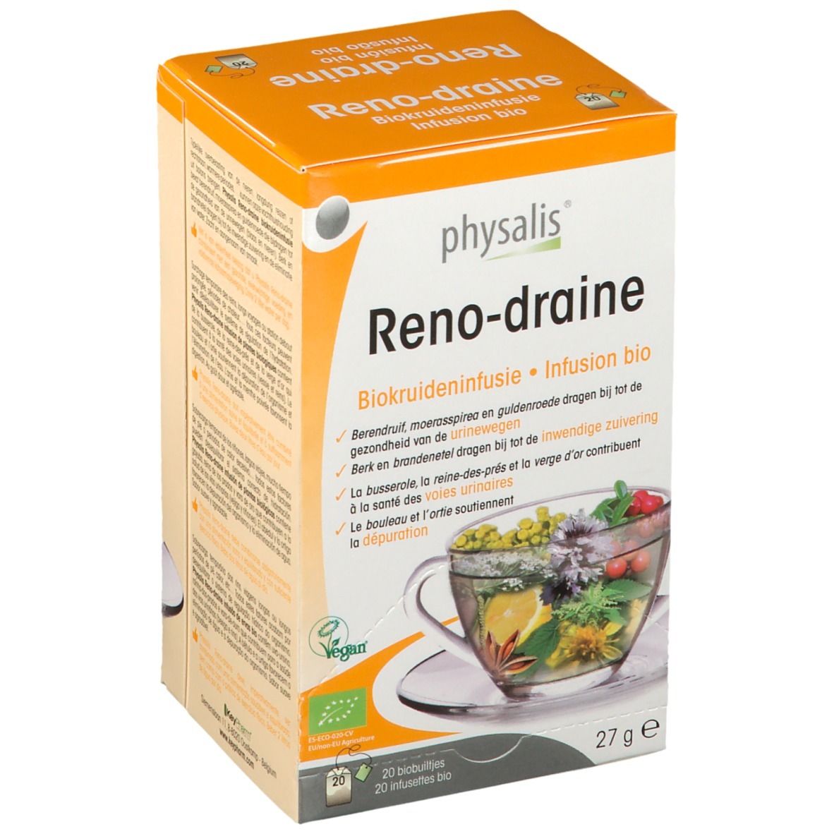 Boîte Reno-draine. Infusion bio. 20 sachets. Ingrédients végétaux. Label Vegan.