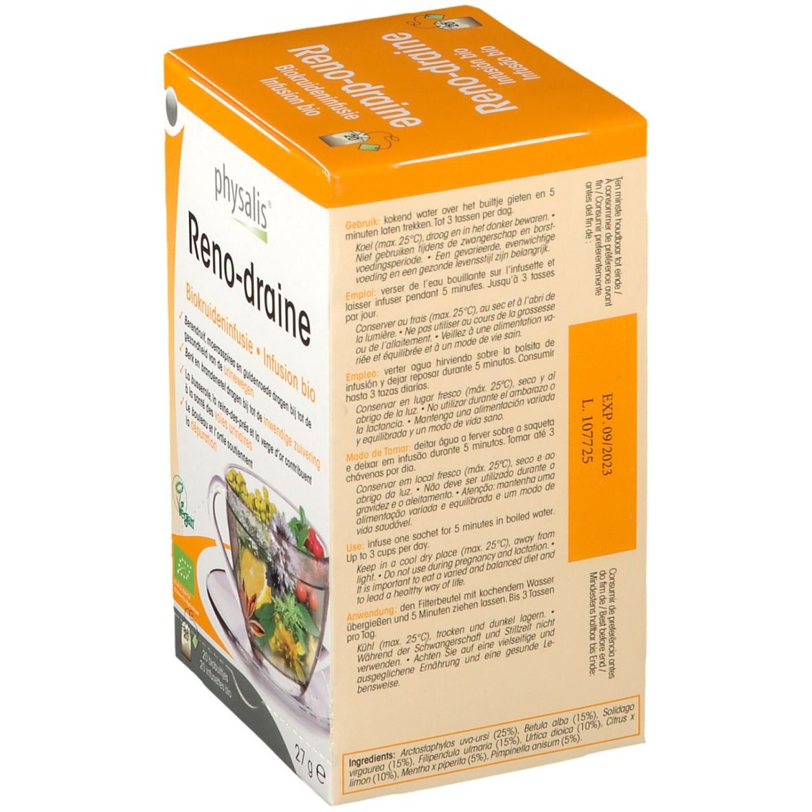 Boîte Reno-draine. Infusion bio. Ingrédients végétaux. Label Vegan. Informations.
