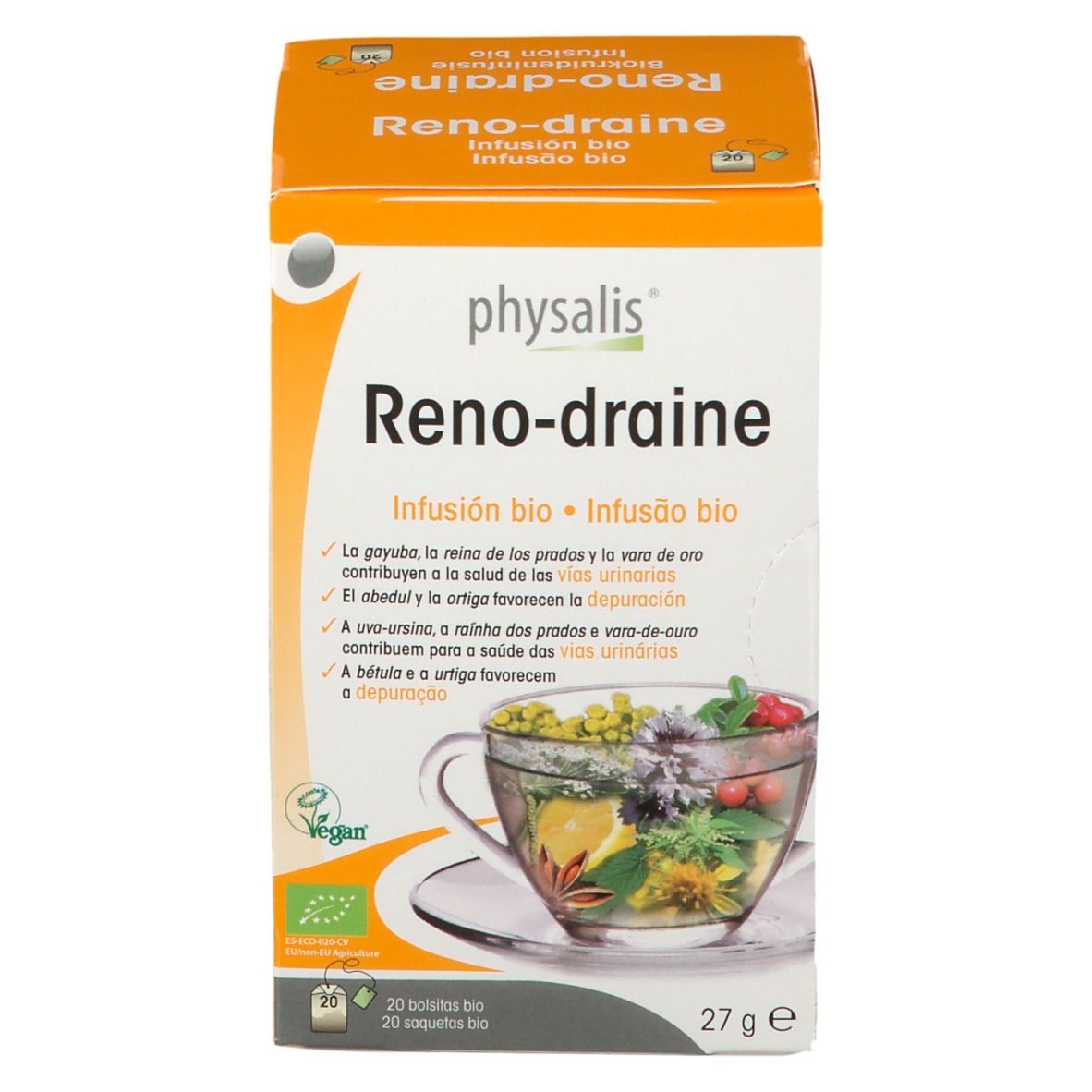 Boîte Reno-draine. Infusion bio. 20 sachets. Ingrédients végétaux. Label Vegan.