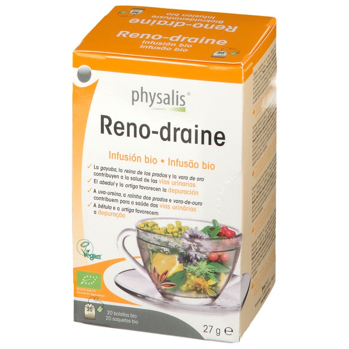 Boîte Reno-draine. Infusion bio. 20 sachets. Ingrédients végétaux. Label Vegan.