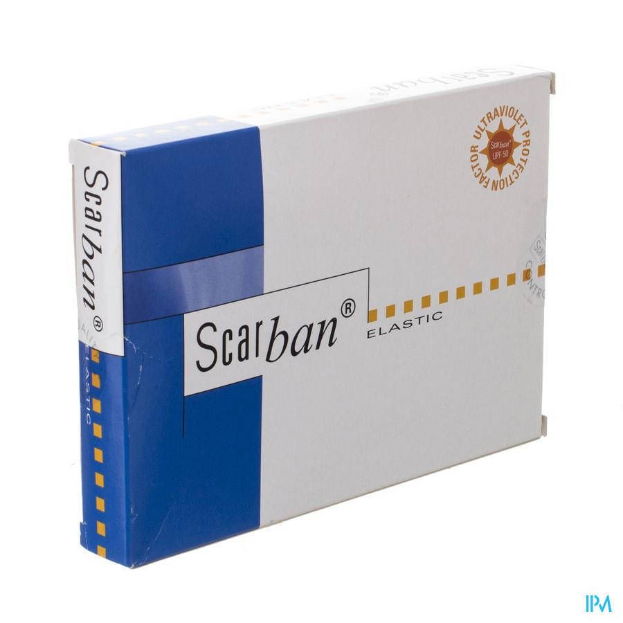 Boîte Scarban, blanche et bleue. Nom du produit et symbole de protection UV. Inscription "ELASTIC".