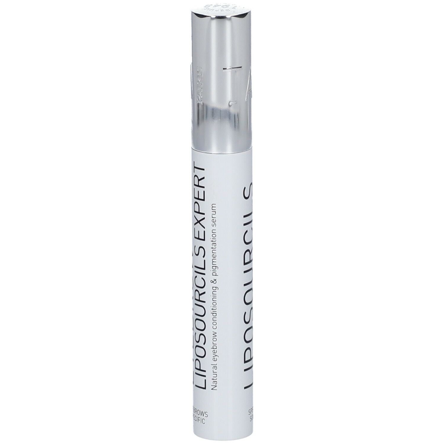 Flacon blanc avec bouchon argenté. Inscription: LIPOSOURCILS EXPERT. Sérum conditionneur et pigmentant naturel pour sourcils.