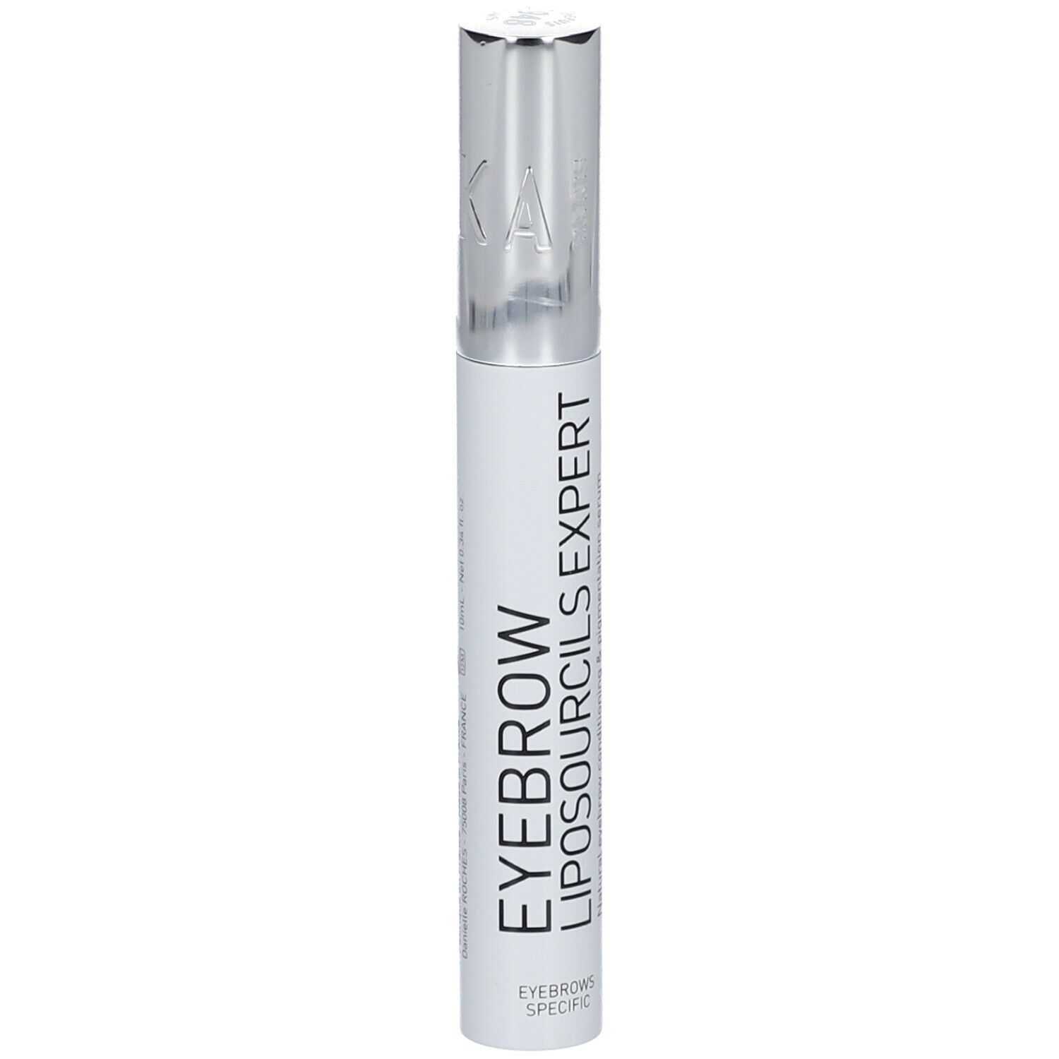 Flacon blanc avec bouchon argenté. Inscription: EYEBROW LIPOSOURCILS EXPERT. Sérum spécifique sourcils.