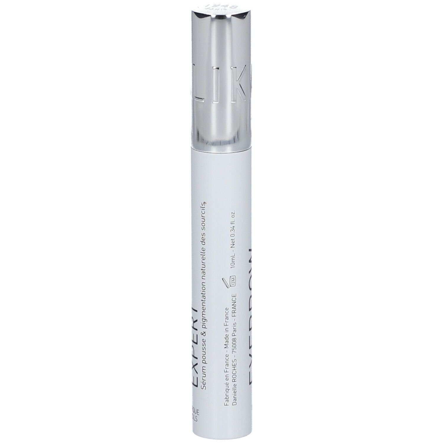 Flacon blanc avec bouchon argenté. Inscription: EXPERT. Sérum pour la pousse et la pigmentation naturelle des sourcils.
