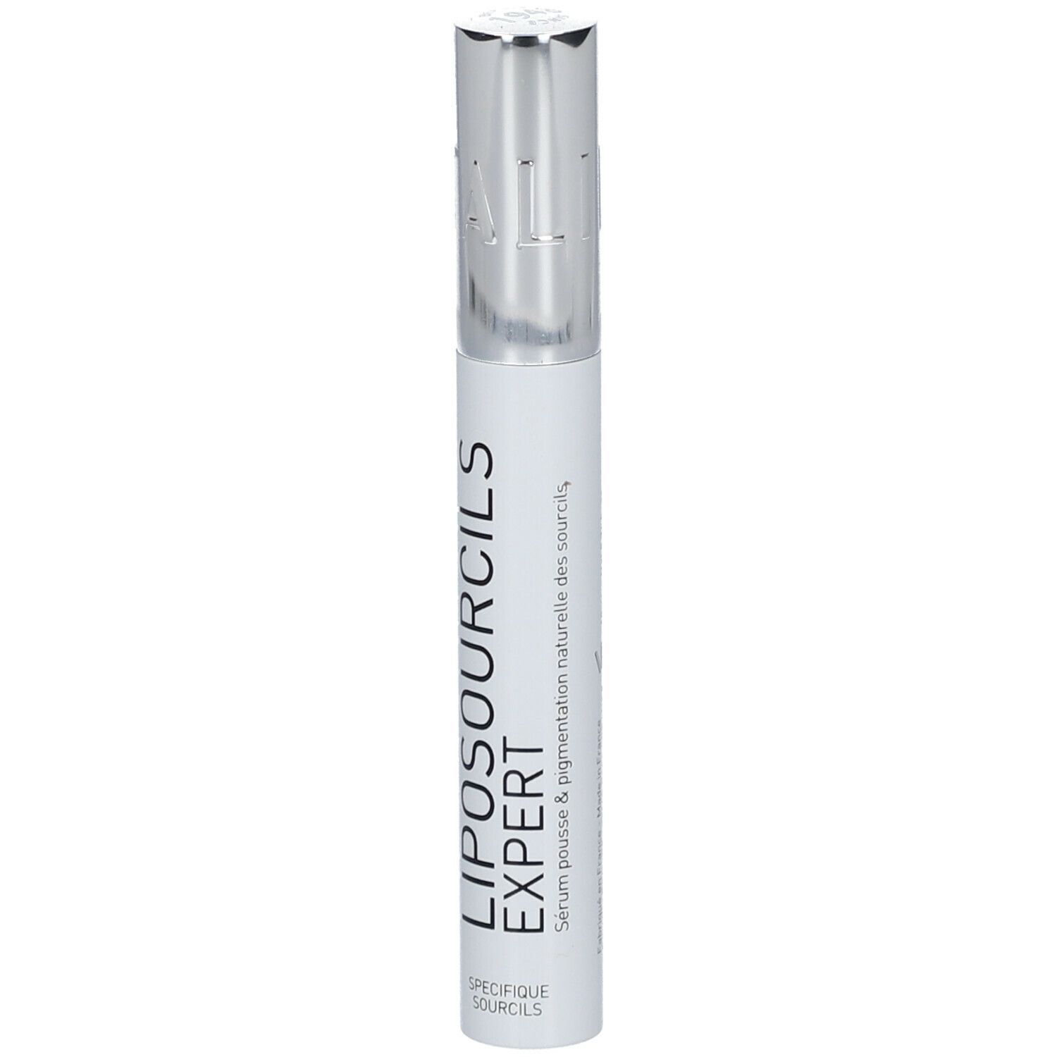 Flacon blanc avec bouchon argenté. Inscription: LIPOSOURCILS EXPERT. Sérum spécifique sourcils.