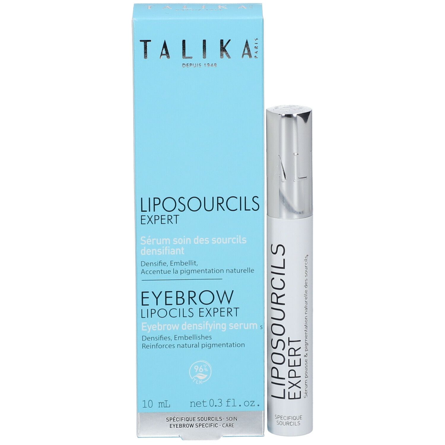 Emballage et tube. Inscription: TALIKA, LIPOSOURCILS EXPERT, sérum densifiant sourcils. 10 ml.