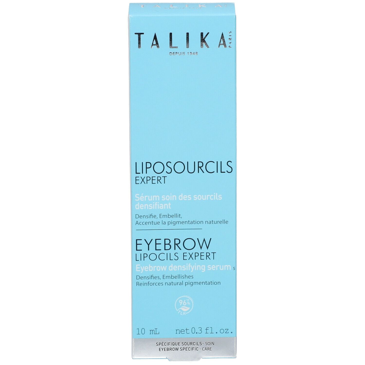 Emballage. Inscription: TALIKA, LIPOSOURCILS EXPERT, sérum densifiant sourcils. 10 ml.